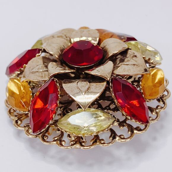 VTG 50s Mid Century Glass Floral Gold Tone Layered Rhinestone Brooch Red Orange - Picture 5 of 12